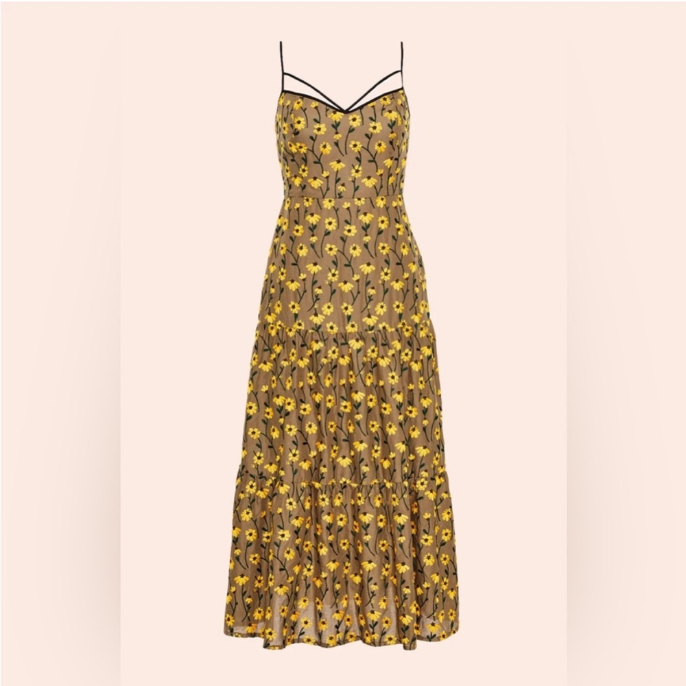 Lela Rose Pearl Dress - Floral Embroidered Voile Tie Detail Dress,Camel Multi 🌻!